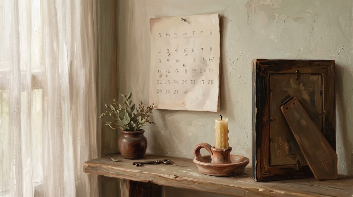 A calm painterly still life: a single lit candle beside a folded cloth and a small stack of unopened envelopes on a wooden table, soft morning light.