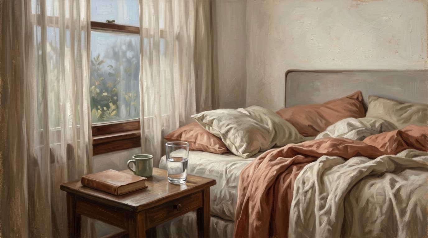 A still-life in soft gray light: a rumpled linen cloth, a half-full glass of water, and a small unopened letter on a wooden table.