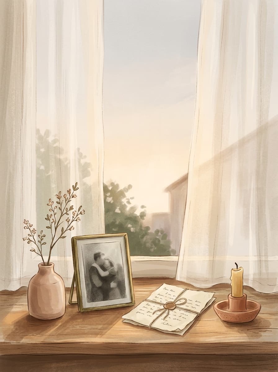 A softly lit windowsill at dusk — a framed photograph, a handwritten letter tied with twine, dried flowers in a clay vase, and a candle